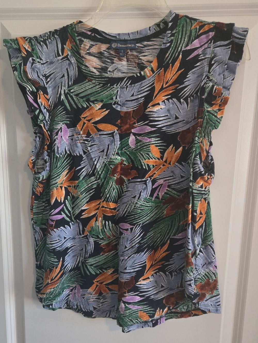 Democracy Black Tropical Leaf Flutter Tank with Green, Orange & Purple